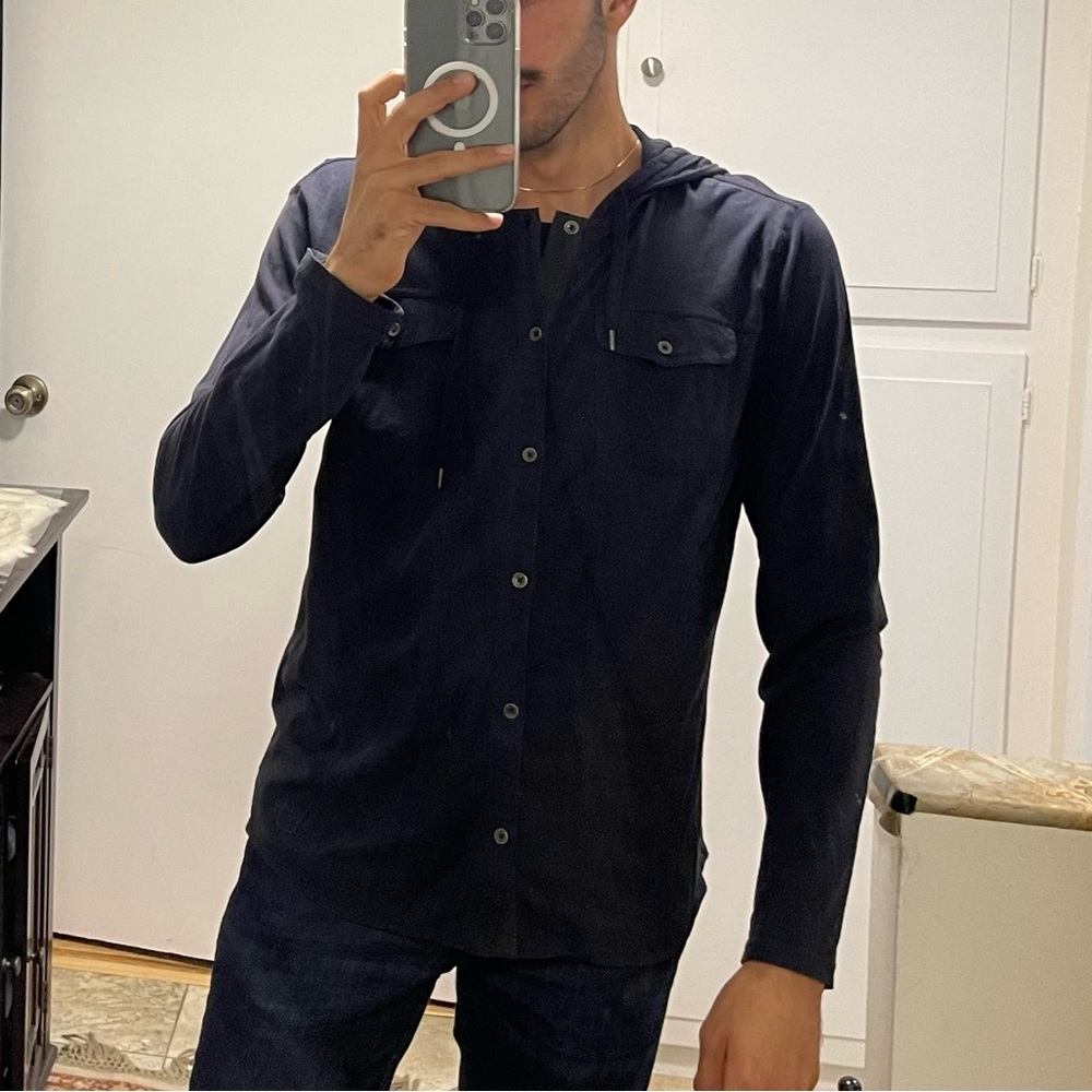 Calvin Klein Jeans hooded button-down shirt long sleeve navy blue Medium